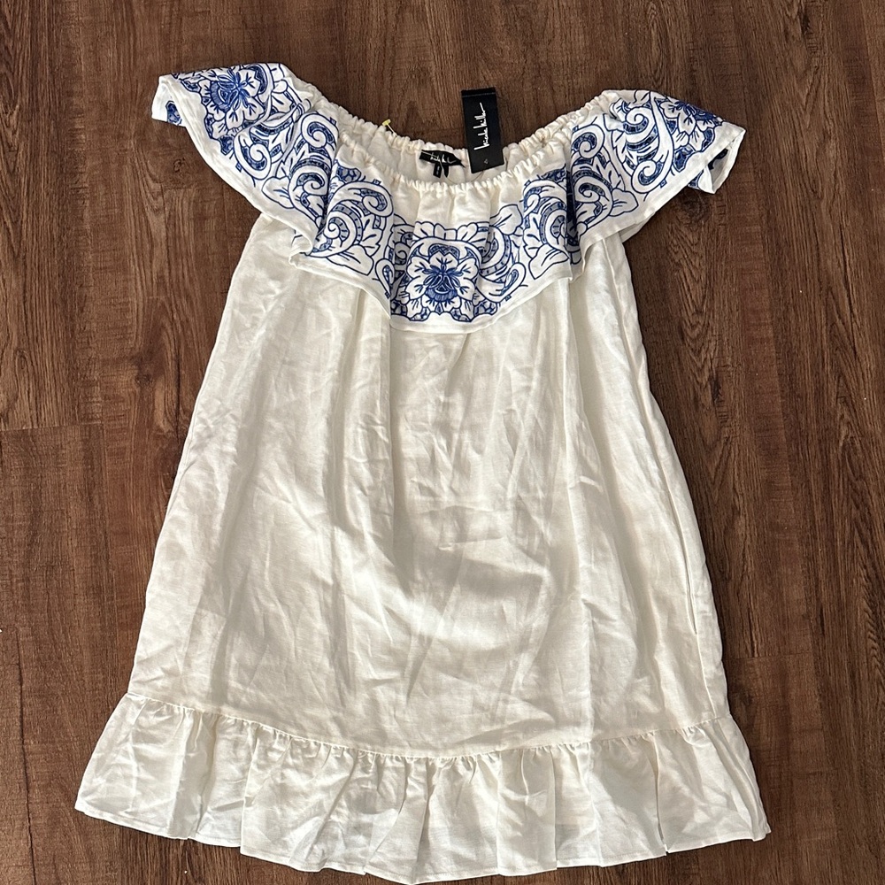 Off-Shoulder White Dress with Blue Floral Design